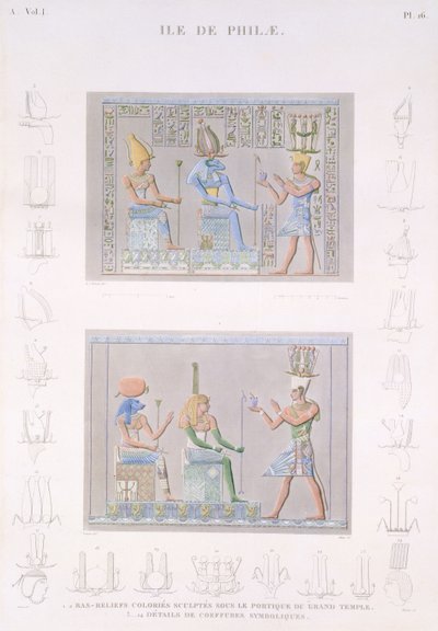 Coloured base reliefs sculpted on the portico of the Grand Temple with details of the symbols, the Island of Philae, plate 16 from Vol I of 